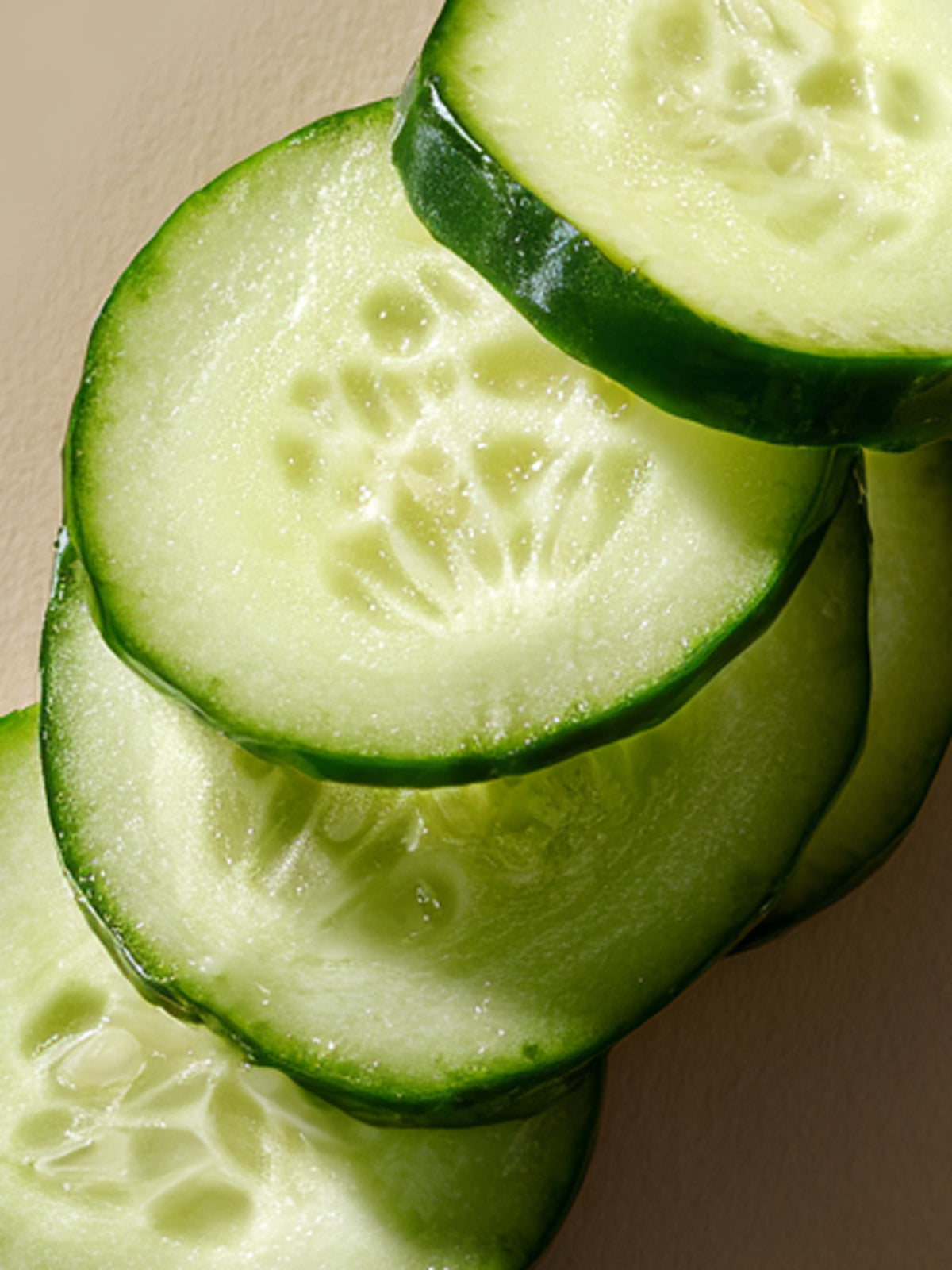 Close-up of sliced cucumbers on a beige background