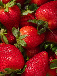 Close-up of red strawberries with green leaves