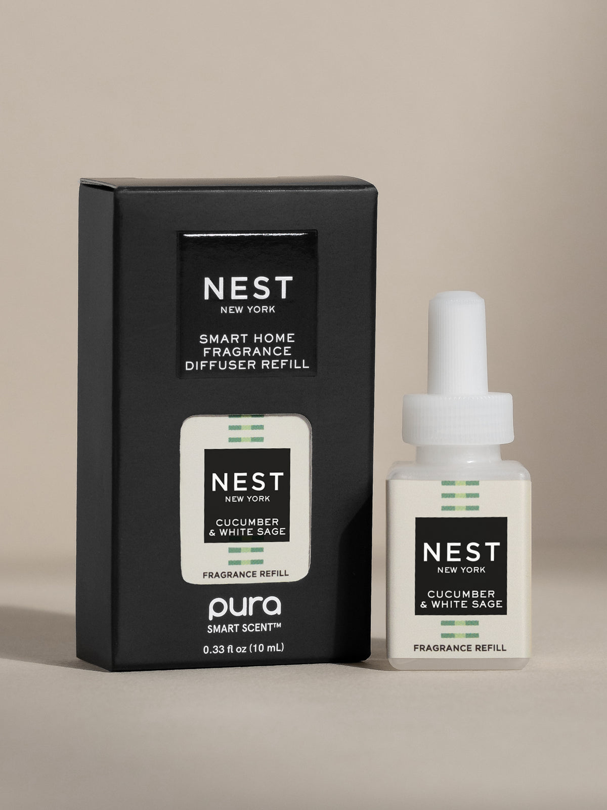 Nest New York Cucumber & White Sage fragrance vial and packaging on a beige background