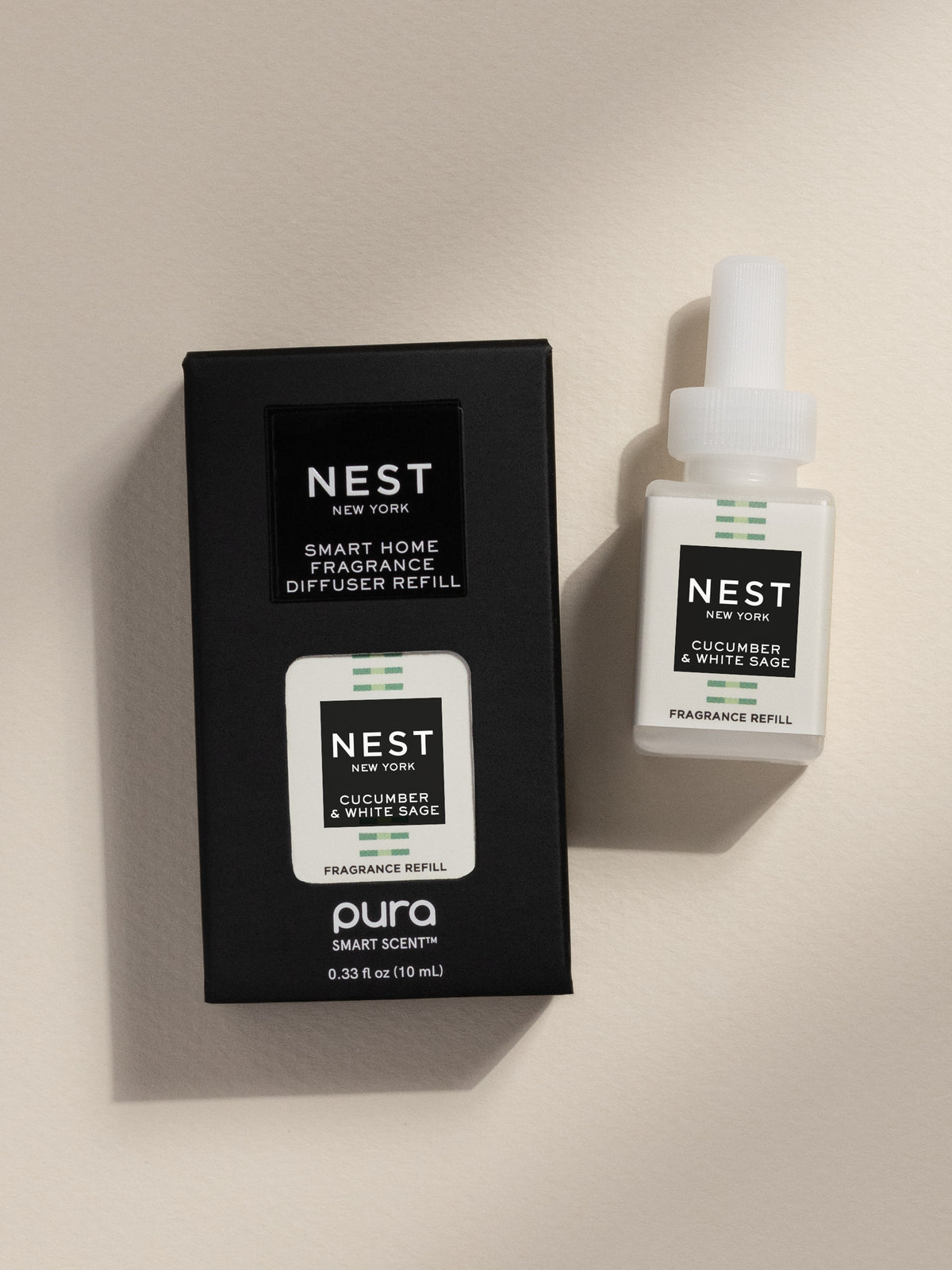 Nest New York Cucumber & White Sage fragrance vial and packaging on a beige background