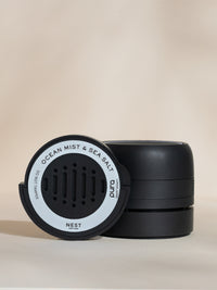 NEST New York Ocean Mist and Sea Salt car fragrance and packaging on a gray background