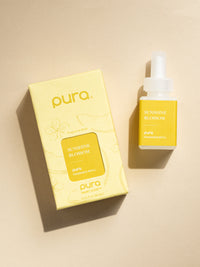 Pura Sunshine Blossom fragrance vial and packaging on a beige background
