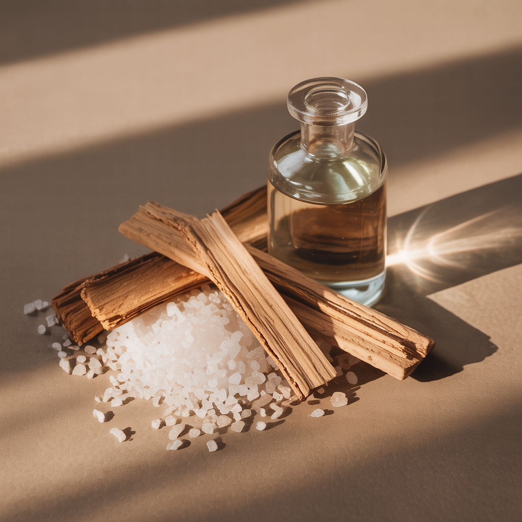 Glass bottle with water, cedarwood, and salt on a beige surface