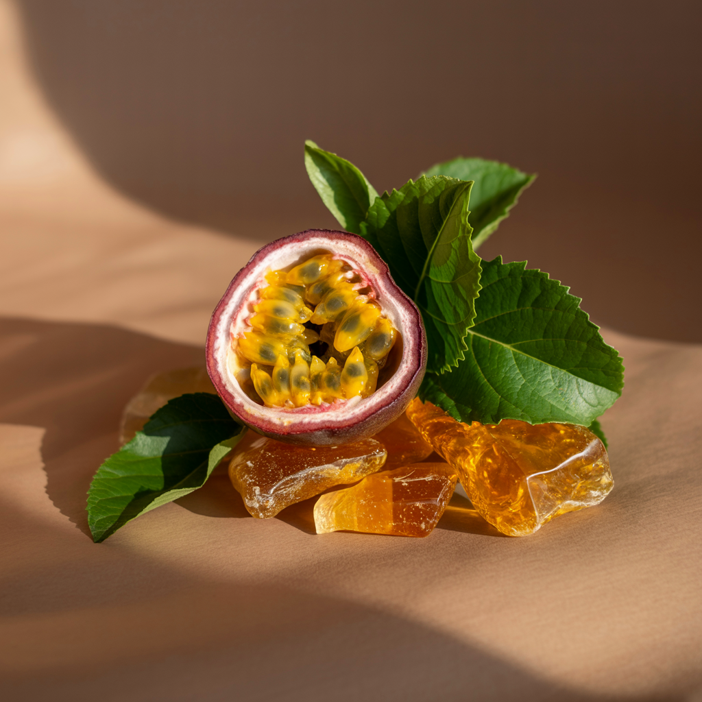 Halved passion fruit with green leaves and honeycomb on a brown surface