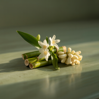 Bamboo sticks with white flowers and green leaves on a reflective surface