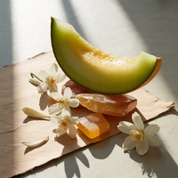 Melon slice with flowers on a light surface