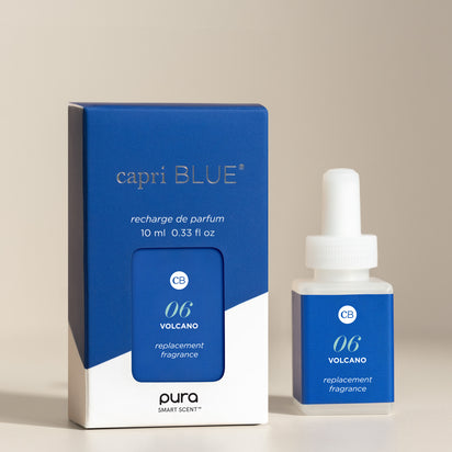 Capri Blue Volcano fragrance vial and packaging on a beige background